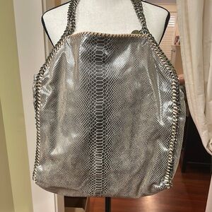 Stella McCartney Falabella Metallic Silver Snake-Effect Tote with Chain Trim